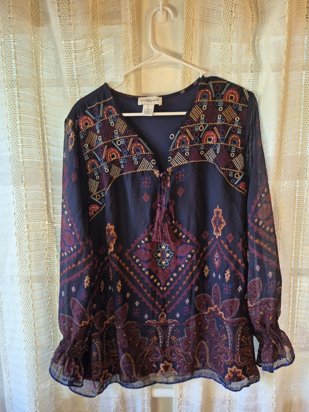 Peck & Peck Bold Print Bohemian V-neck Top with Front Tie Size XL